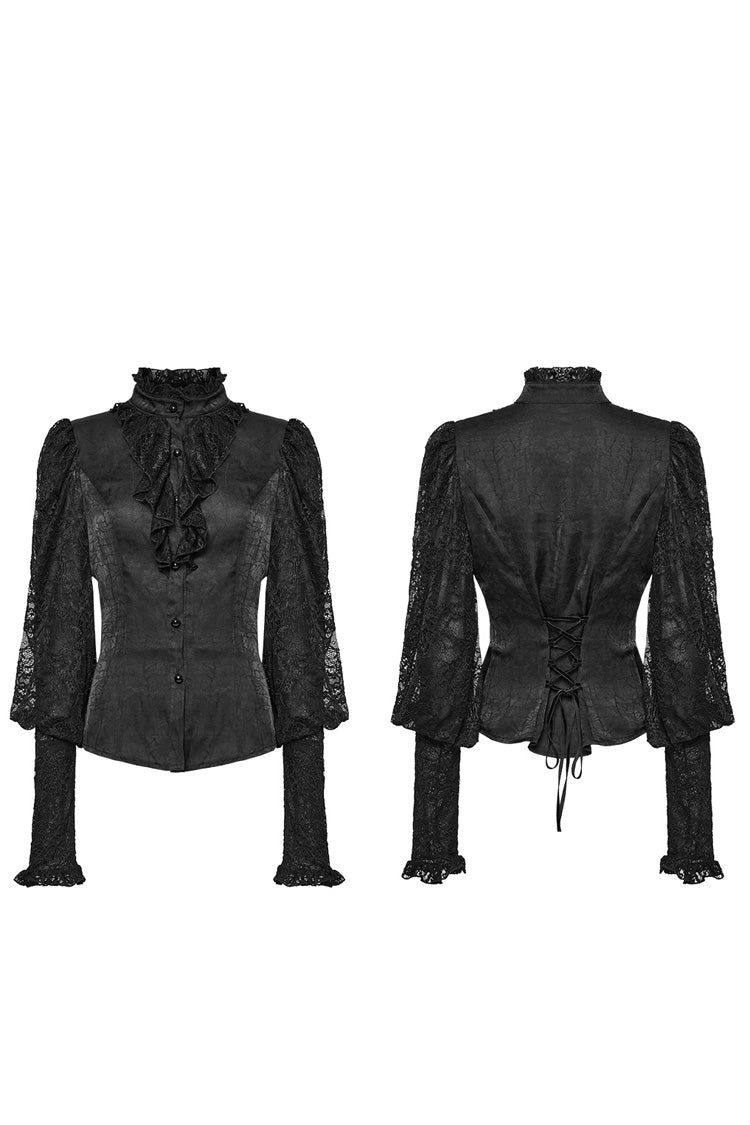 Black Stand Collar Lace Long Sleeves Ruffle Hollow Womens Gothic Blouse