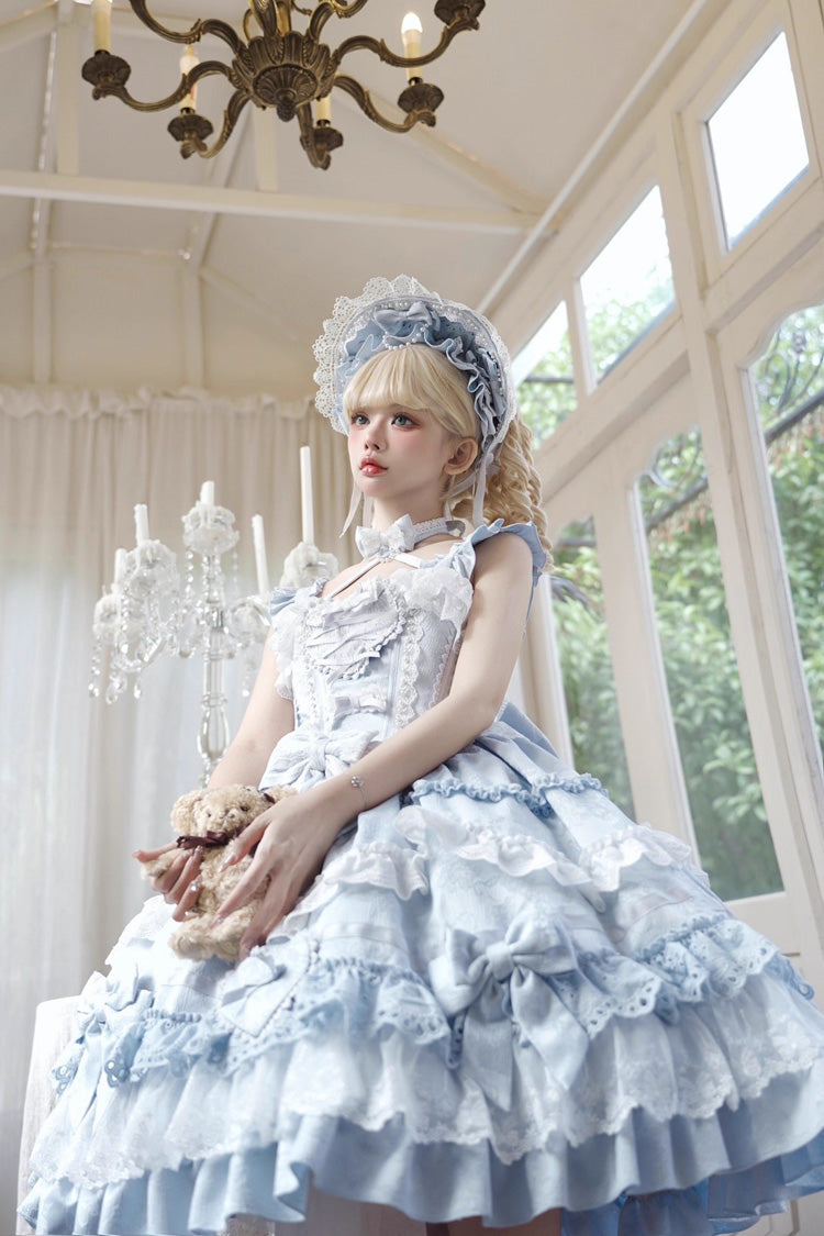 Blue [Super Cute Belia] Sleeveless Triple-Layered Ruffle Bowknot Lace Sweet Elegant Lolita Jsk Dress