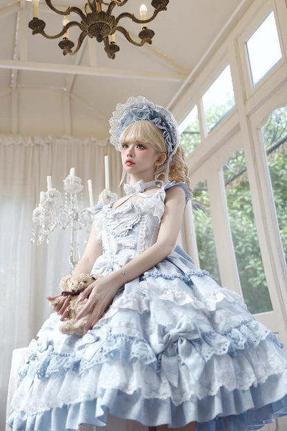 Blue [Super Cute Belia] Sleeveless Triple-Layered Ruffle Bowknot Lace Sweet Elegant Lolita Jsk Dress