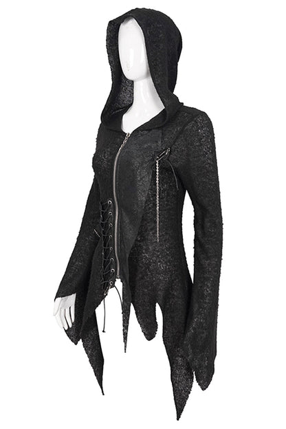 Black Vintage Hooded With Leather Details Women's Punk Jackets