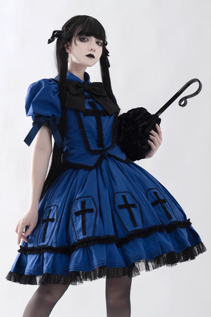 Blue Halloween Cross Short Puff Sleeves Two Pieces Gothic Lolita Dress