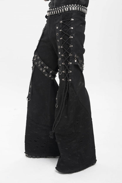 Black Spliced Lace-Up Mesh Ripped Men's Punk Baggy Pants