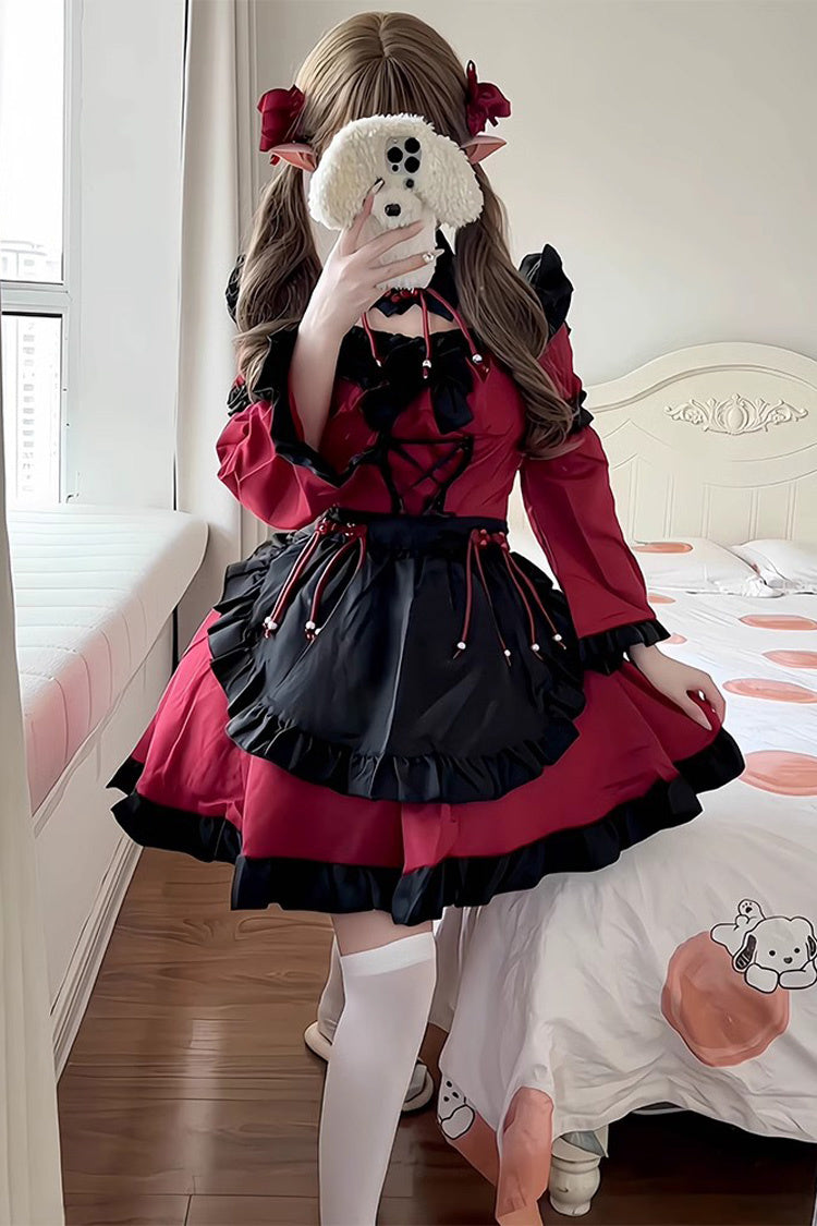 Black/Red Maid Long Sleeves Ruffle Bowknot Gothic Lolita Dress Full Set