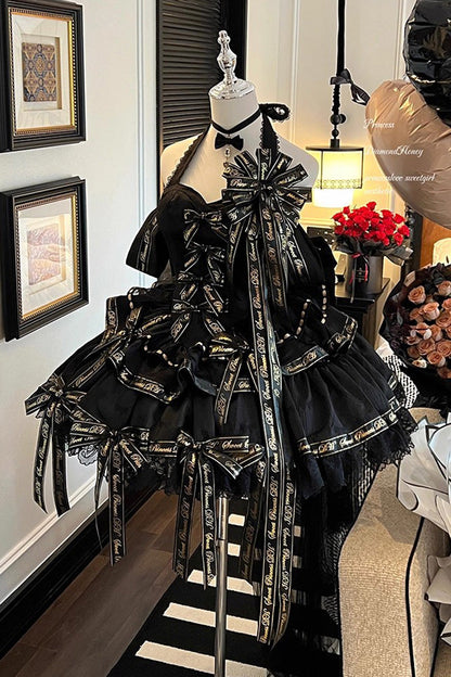 Black [Young Lady] Halterneck Sleeveless Multi-Layered Ruffle Bowknot Elegant Princess Gothic Lolita Dress