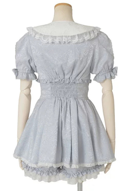 Sweet Lapel Collar Short Sleeves Jacquard Ruffled Bow Lace Jirai Kei Plus Size Japanese Lolita Dress Set 2 Colors