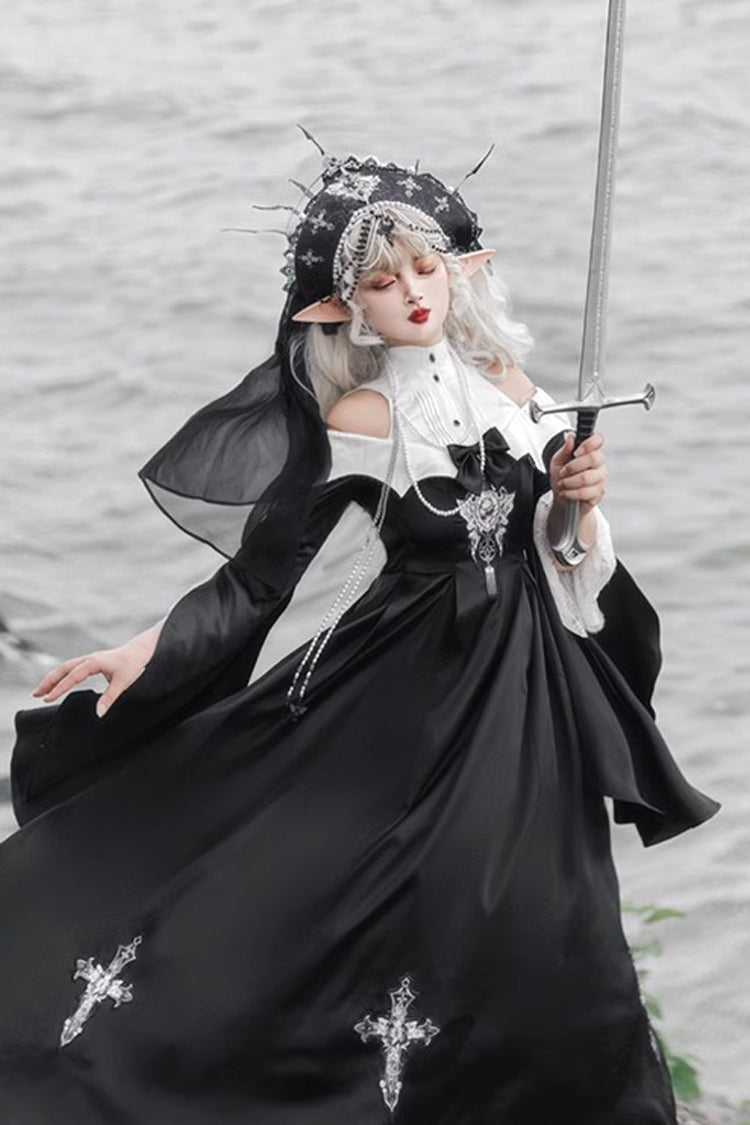 Black [Cross Nun] Stand Collar Off Shoulder Print Bowknot Gothic Elegant Lolita Dress