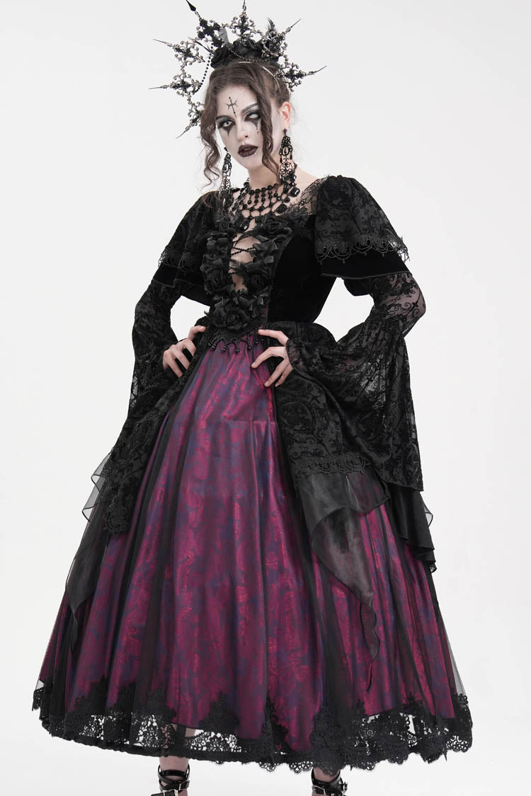 Black/Purple Crochet Long Sleeves Hanayome Lace Women's Gothic Dress