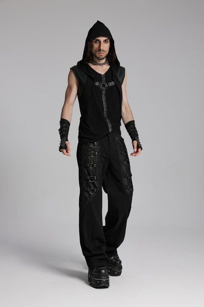 Black V Collar Sleeveless Hooded Mesh Eyelets Men's Punk Vest