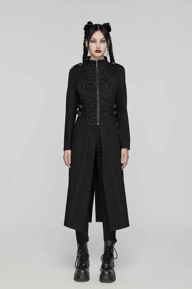 Black Stand Collar Chain Zipper Long Sleeves Women's Gothic Long Coat