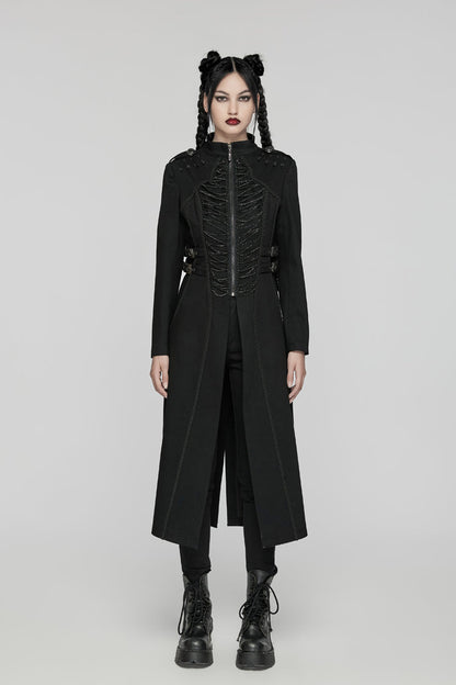 Black Stand Collar Chain Zipper Long Sleeves Women's Gothic Long Coat