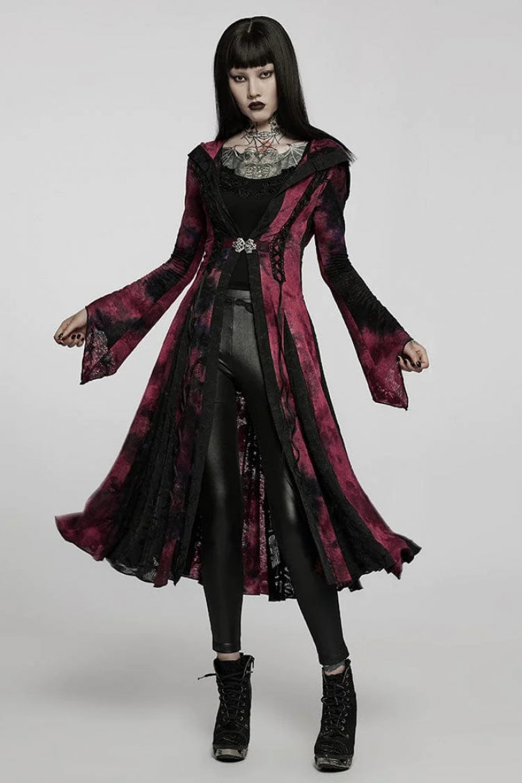 Red/Black Long Trumpet Sleeves Stitching Hooded Womens Gothic Vintage Coat