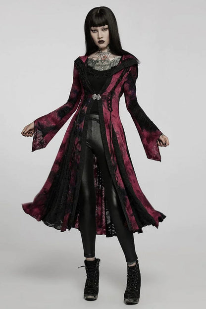 Red/Black Long Trumpet Sleeves Stitching Hooded Womens Gothic Vintage Coat