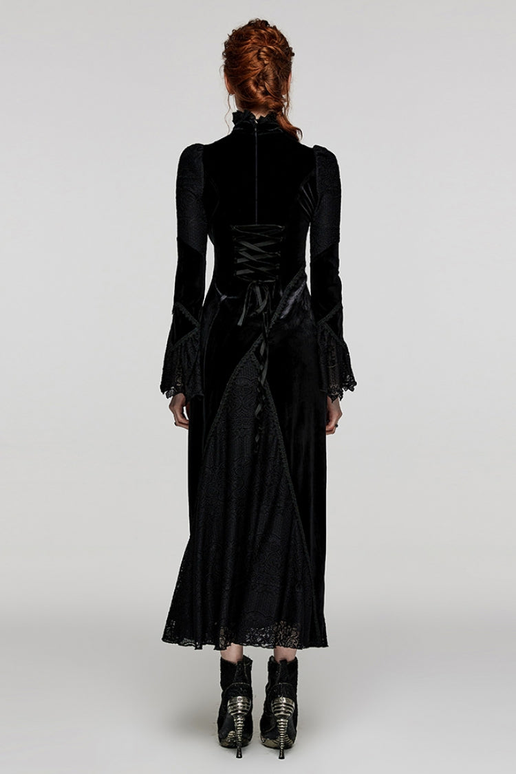 Black Stand Collar Long Trumpet Sleeves Stitching Lace Women's Gothic Dress