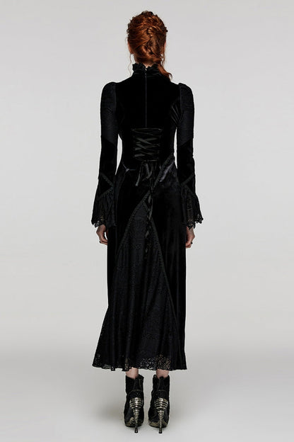 Black Stand Collar Long Trumpet Sleeves Stitching Lace Women's Gothic Dress