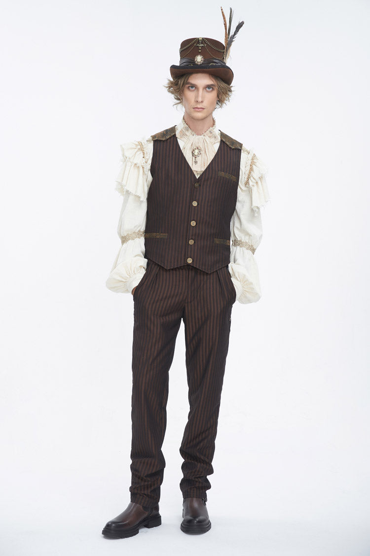 Brown High Waisted Lace-Up Striped Men's Gothic Pants