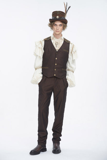 Brown High Waisted Lace-Up Striped Men's Gothic Pants