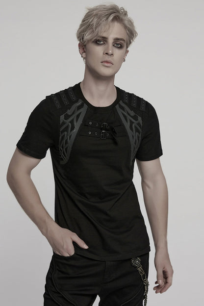Black Round Collar Short Sleeves Studded Buckle Strap Men's Punk T-Shirt