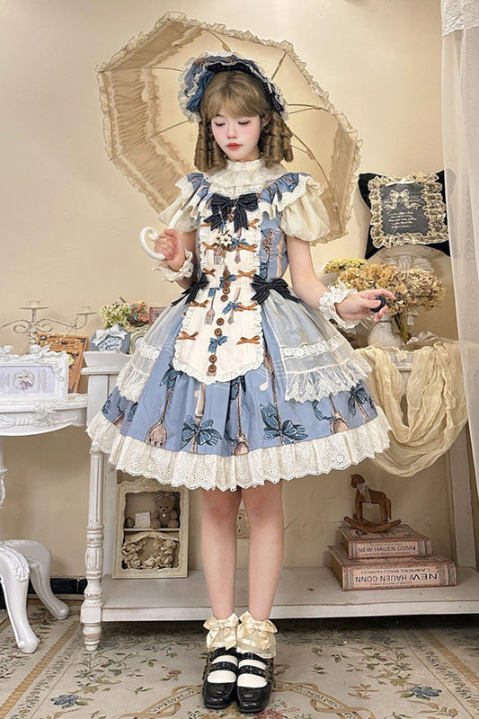 Blue [The Witch’s Banquet] Sleeveless Printed Ruffled Embroidered Bow Lace Sweet Lolita Jsk Dress