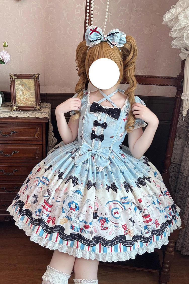 Blue [Mystery Rabbit Tea Party] Square Collar Short Sleeves Print Ruffle Bowknot Lace Sweet Lolita Dress