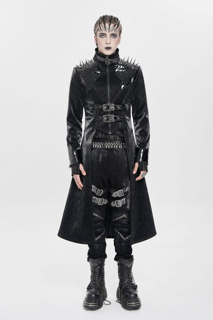 Black Stand Collar Floral Print Rivet Buckle Zipper Straps Men's Punk Coat