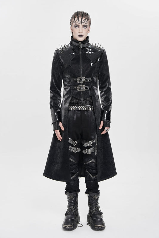 Black Stand Collar Floral Print Rivet Buckle Zipper Straps Men's Punk Coat