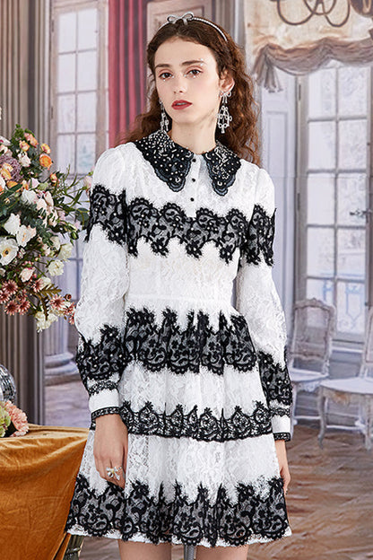Black/White Lace Pearl Embroidered Doll Collar Long Sleeves High Waisted Sweet Lolita OP Dress