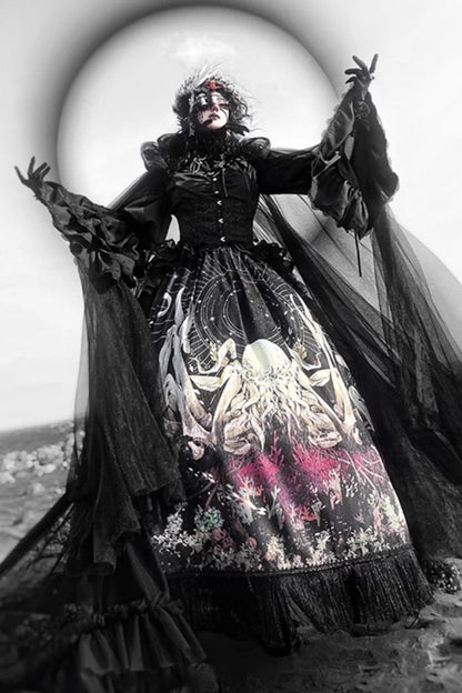 Black [Reborn Ancient God] Long Hime Sleeves Print Lace Gothic Lolita Skirt Dress Set