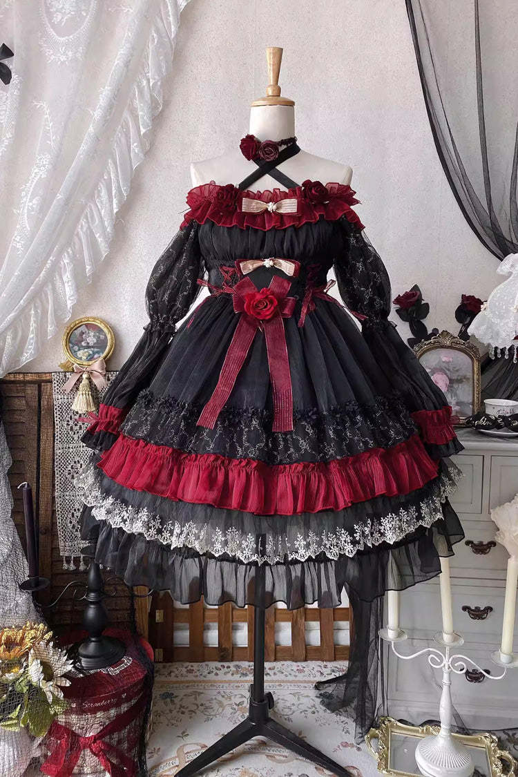 Black/Red [Perlia’s Night] Long Puff Sleeves Ruffled Open-Front Bow Lace Gothic Lolita Dress