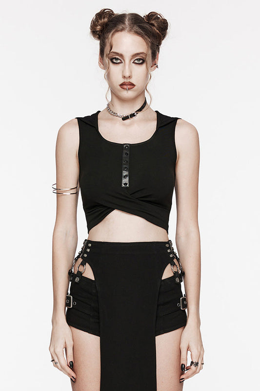 Black Sleeveless Cutout Crossed Hooded Women's Punk Tank Top