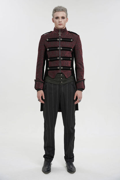 Red Silk Stand Collar Printed Metal Breasted Cross Zipper Back Slit Vintage Men's Gothic Jacket