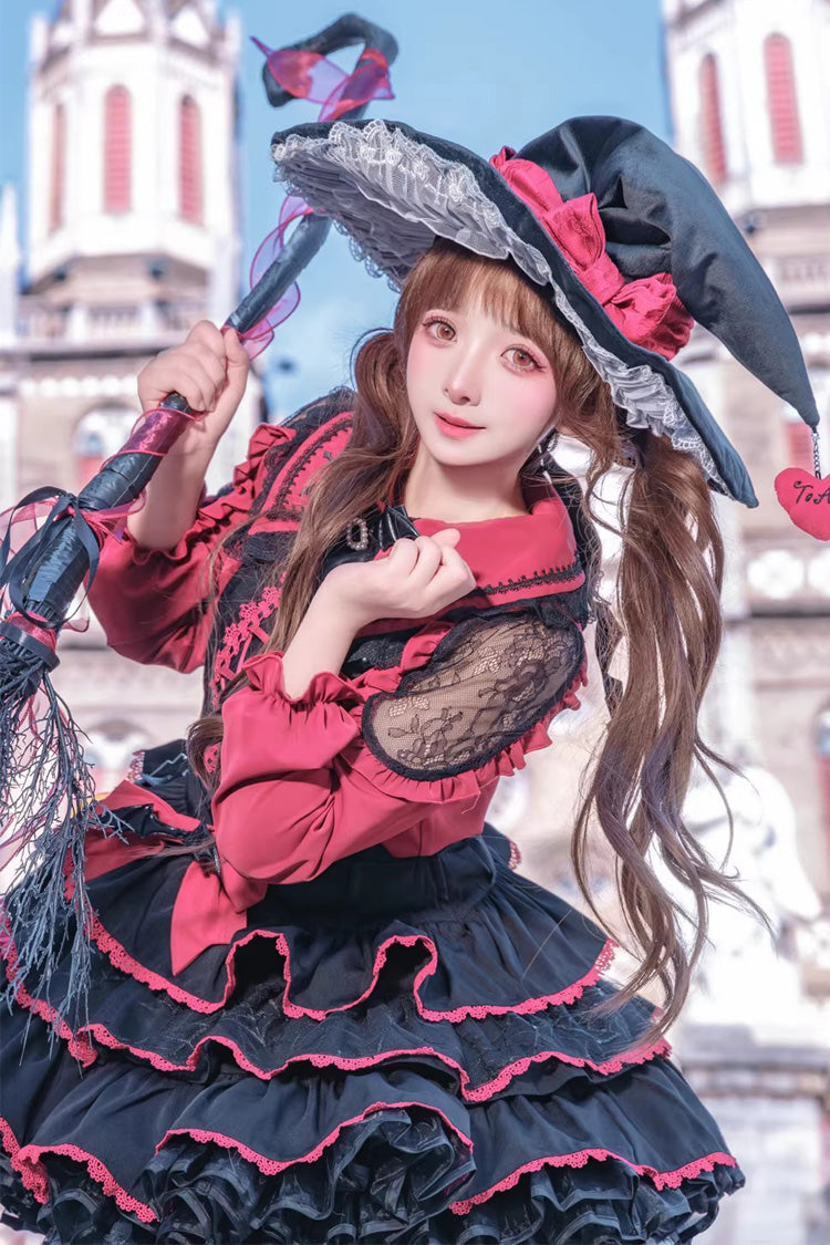 Black/Red [Showa Cake] Sleeveless Triple-Layered Ruffled Bow Lace-Up Witch Gothic Lolita Jsk Dress
