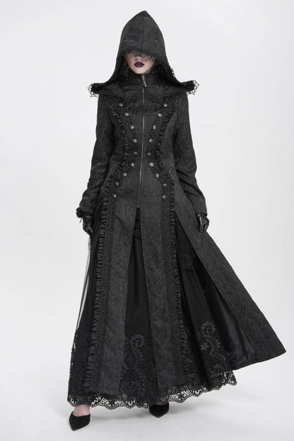 Black Stand Collar Long Sleeves Ruffle Hooded Women's Gothic Long Coat