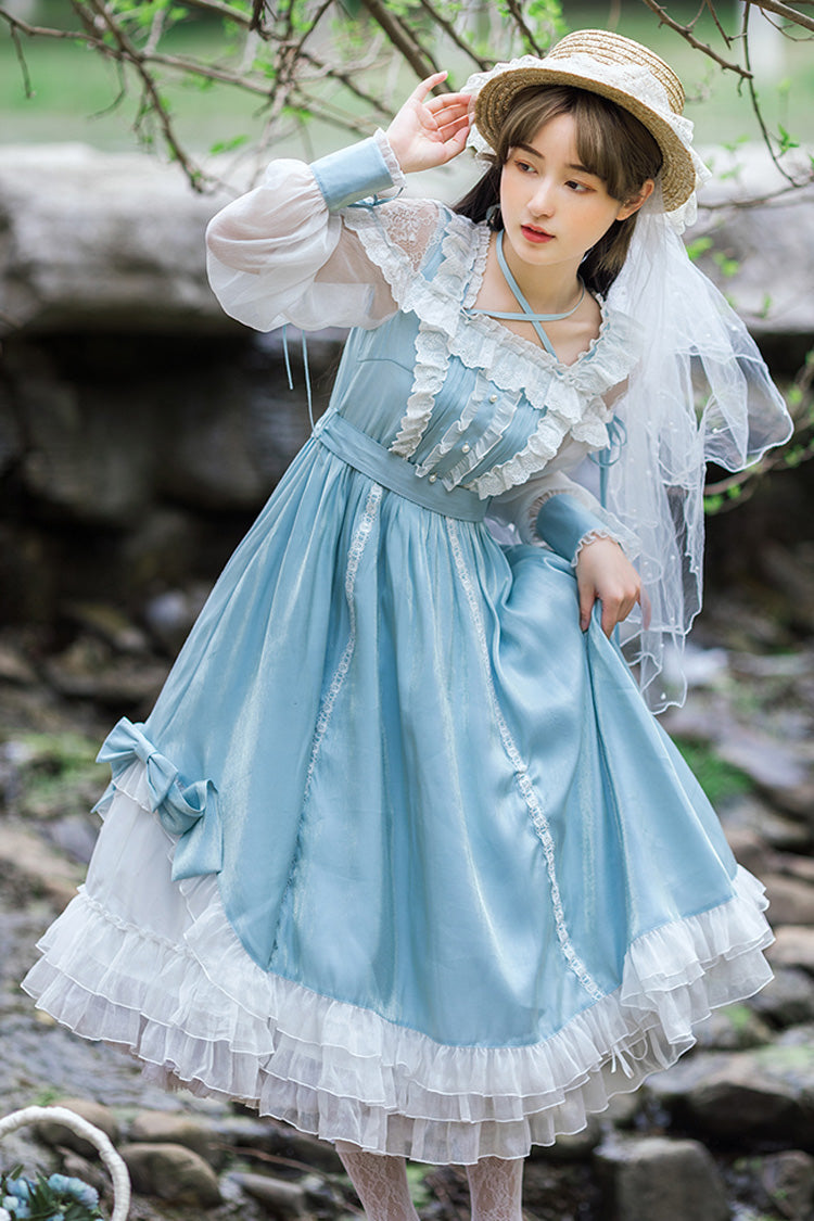 Blue Halter Neck Lantern Long Sleeves Lace Ruffled Hanayome Sweet Lolita Op Tiered Dress