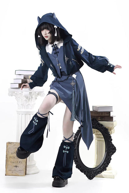 Blue [Indigo Shadow Journey] Stand Collar Long Sleeves Embroidered Hooded Asymmetric Punk Ouji Lolita Dress Four-Piece Set