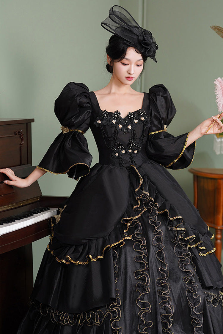 Black Square Collar Half Trumpet Sleeves Double-Layered Ruffled Open-Front Gothic Vintage Palace Lolita Victorian Dress