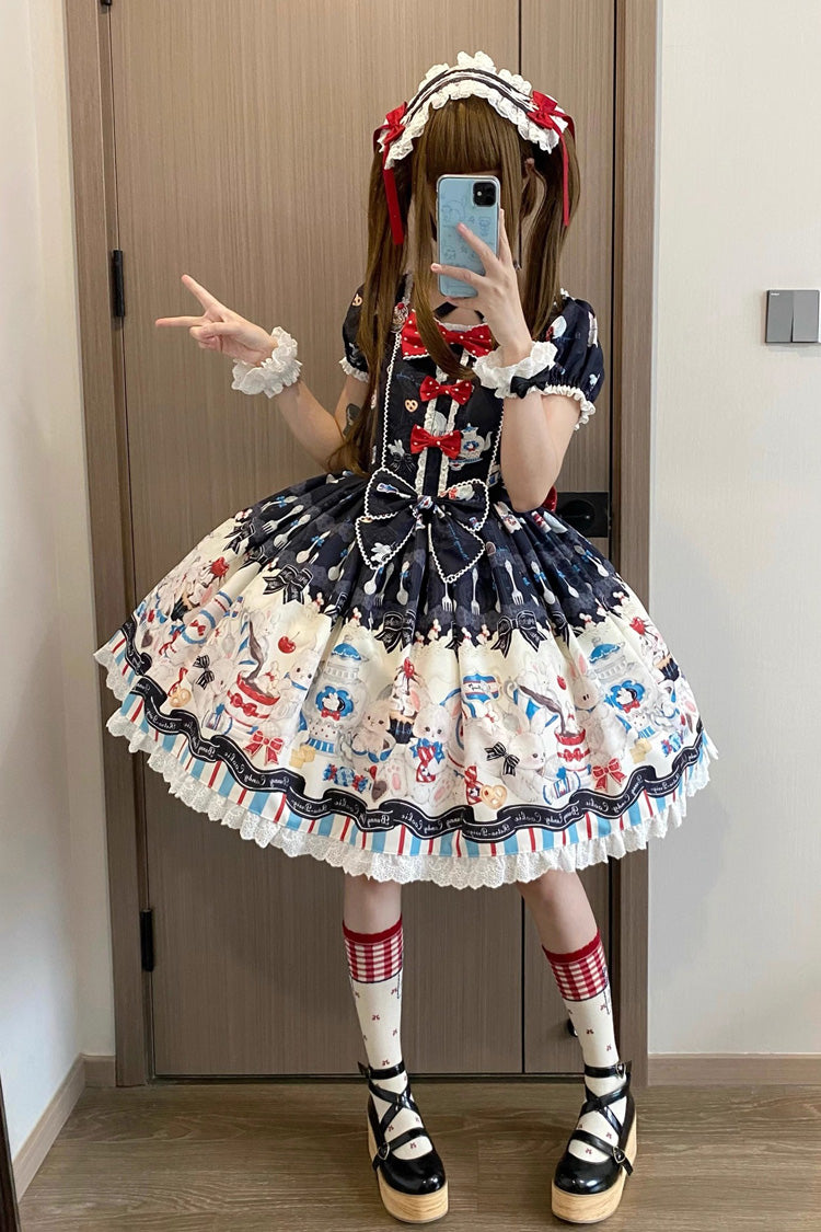 Black [Mystery Rabbit Tea Party] Square Collar Short Sleeves Print Ruffle Bowknot Lace Sweet Lolita Dress