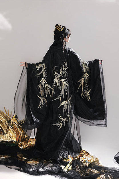 Black [Bamboo Leaves] V Collar Trumpet Sleeves High Waisted Embroidered Women's Classic Hanfu Dress Set