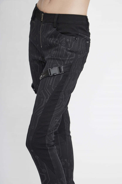Black Punk Circuit Printed Leather Loops Womens Pants