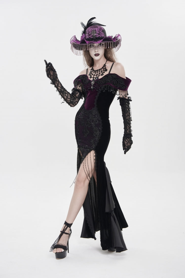 Black/Purple Off Shoulder Sleeveless Embroidered Lace Slim Women's Gothic Gorgeous Strapless Dress