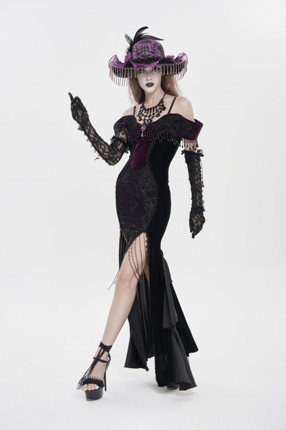 Black/Purple Off Shoulder Sleeveless Embroidered Lace Slim Women's Gothic Gorgeous Strapless Dress