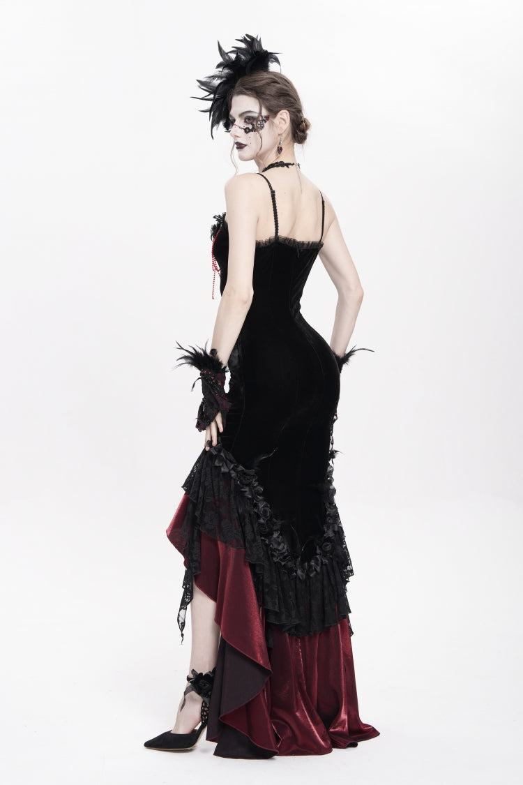 Black/Red Sleeveless Cross Ruffled Floral Embroidered Chain-Decorated Women's Gothic Long Slip Dress