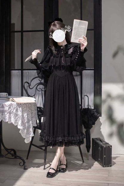 Black [Enchanted Nightdream] Long Sleeves Bowknot Lace Gothic Elegant Lolita Dress