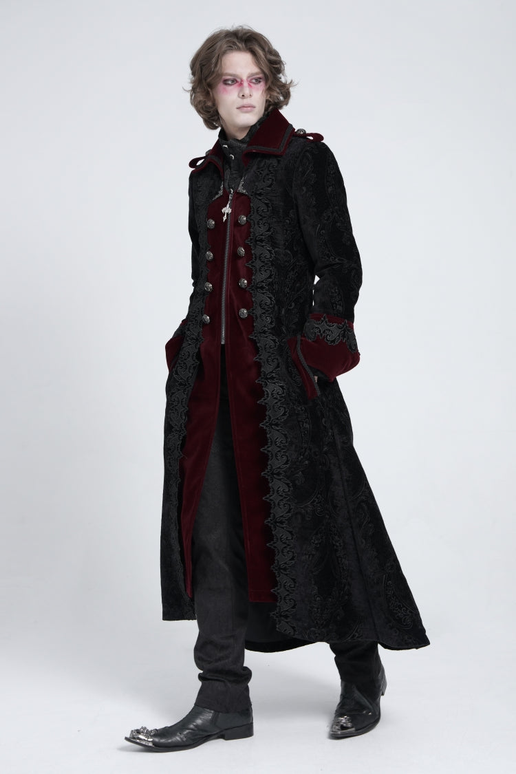 Black/Red Lapel Collar Embroidery Zipper Men's Gothic Handsome Coat