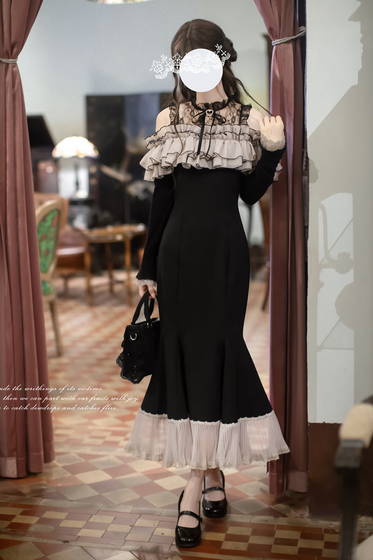 Black [Night Cherry Blossoms] Long Sleeves Ruffle Bowknot Daily Sweet Elegant Lolita Fishtail Dress