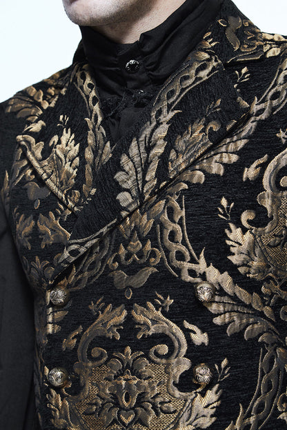Black/Gold Short Big Jacquard Pattern Men's Gothic Waistcoat
