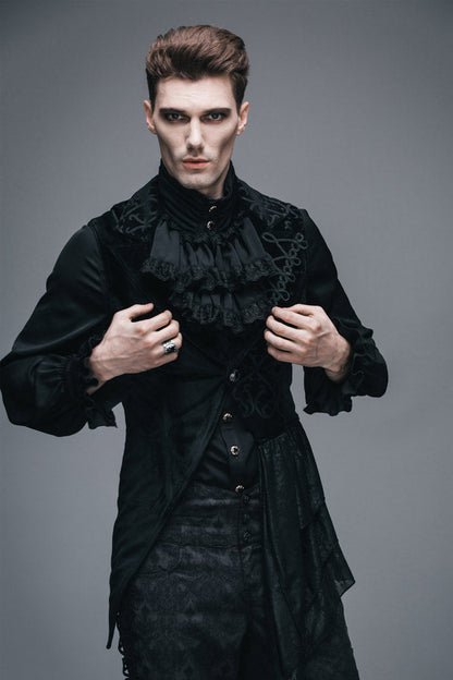 Black Spun Velvet Chinese Frog Button Floral Spiral Pattern Asymmetrical Hem Lace Up Men's Gothic Waistcoat