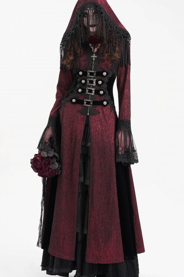 Red Buckle-up Tassels Women's Gothic Jacket with Hood