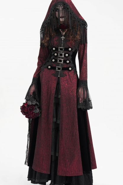 Red Buckle-up Tassels Women's Gothic Jacket with Hood