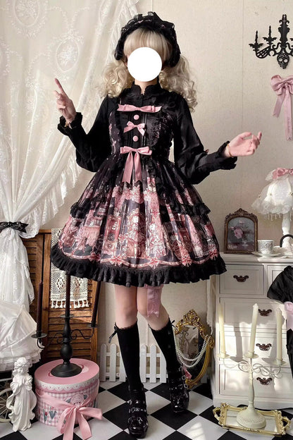 Black [The Case of the Missing Lamb] Print Ruffle Bowknot Lace Gothic Lolita Jsk Dress