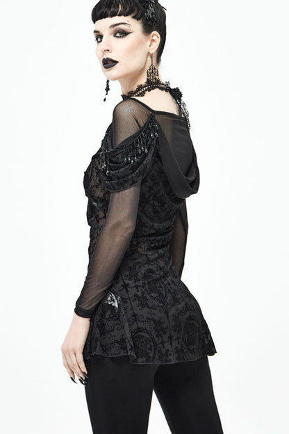 lack Gothic Off-Shoulder Front Chest Decals Bead Sleeve Beaded Tassel Webbing Flocking Print Women's Shirt